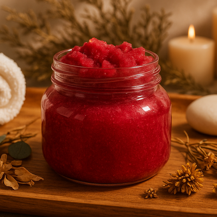 Red scrub in a jar on a wooden tray with candles and towels in the background