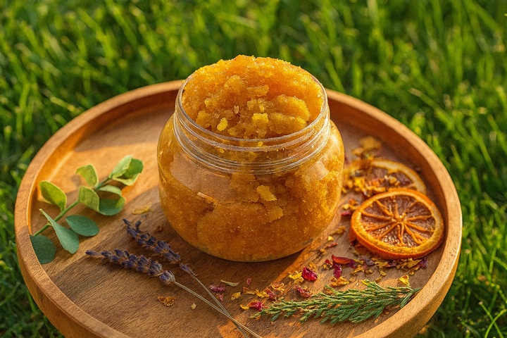Jar of orange scrub on a wooden tray with herbs and dried oranges on a grassy background