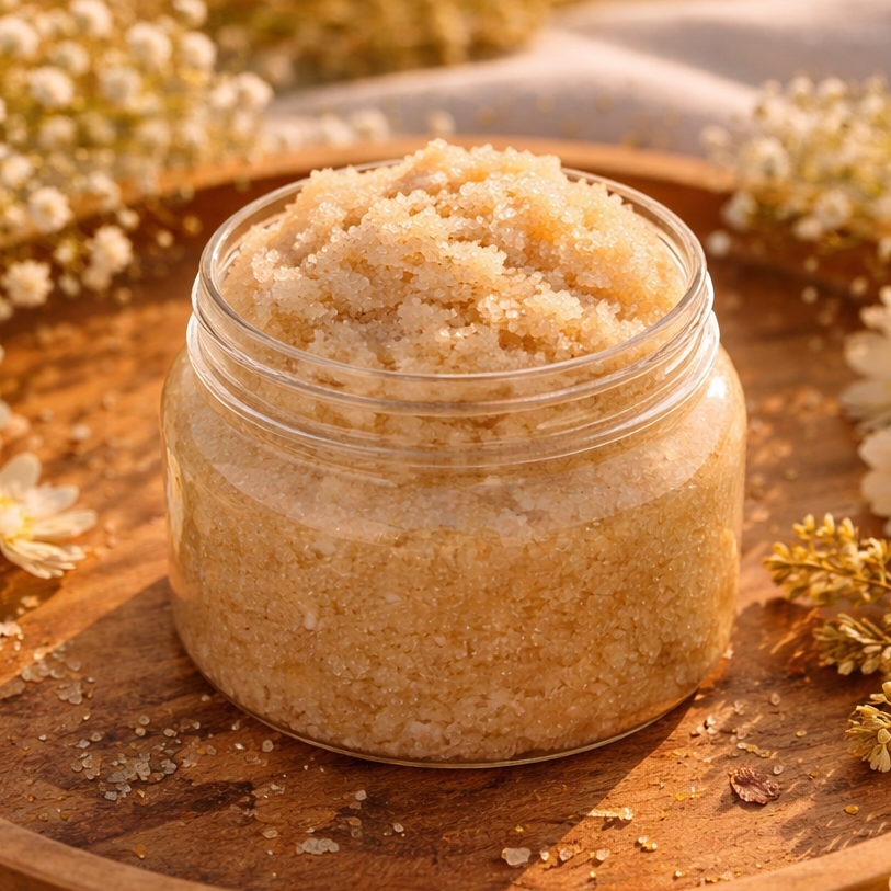 Jar of brown sugar scrub on a wooden tray surrounded by white flowers