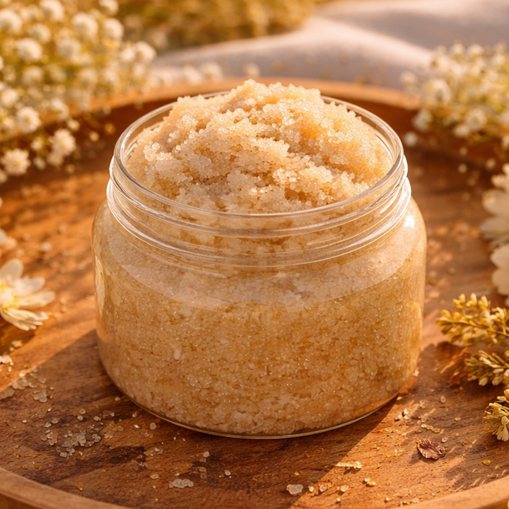 Jar of brown sugar scrub on a wooden tray surrounded by white flowers