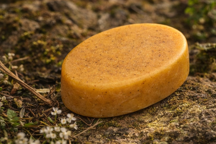Bar of brown soap on a natural stone surface with a blurred background