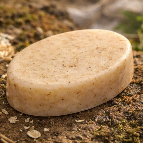 Bar of soap on a natural stone surface with plants and flowers in the background