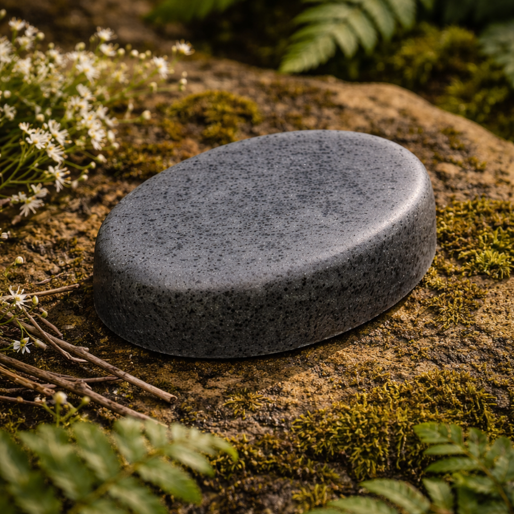 Round stone on a mossy rock with ferns and flowers in the background