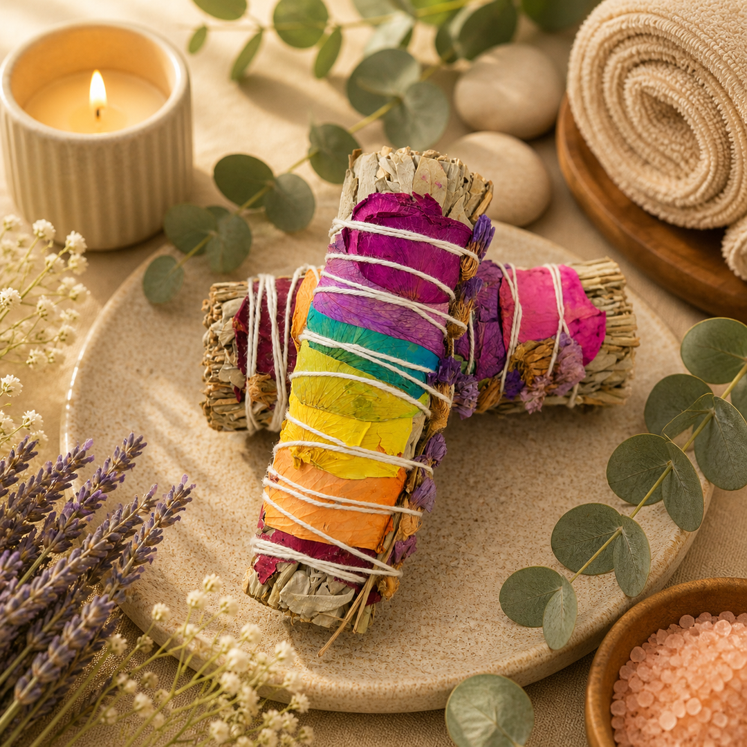 White Sage w/ Rainbow Chakra Roses