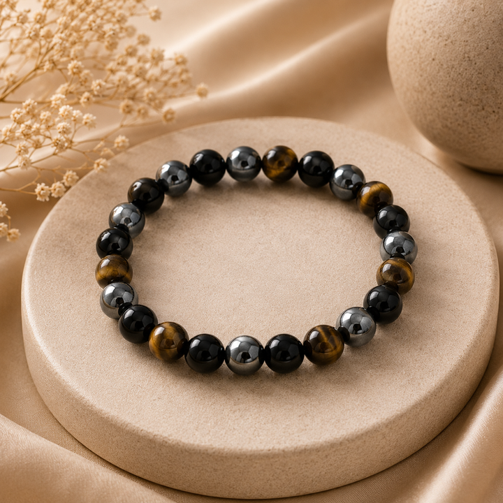 Tiger Eye, Hematite, Obsidian Bracelet