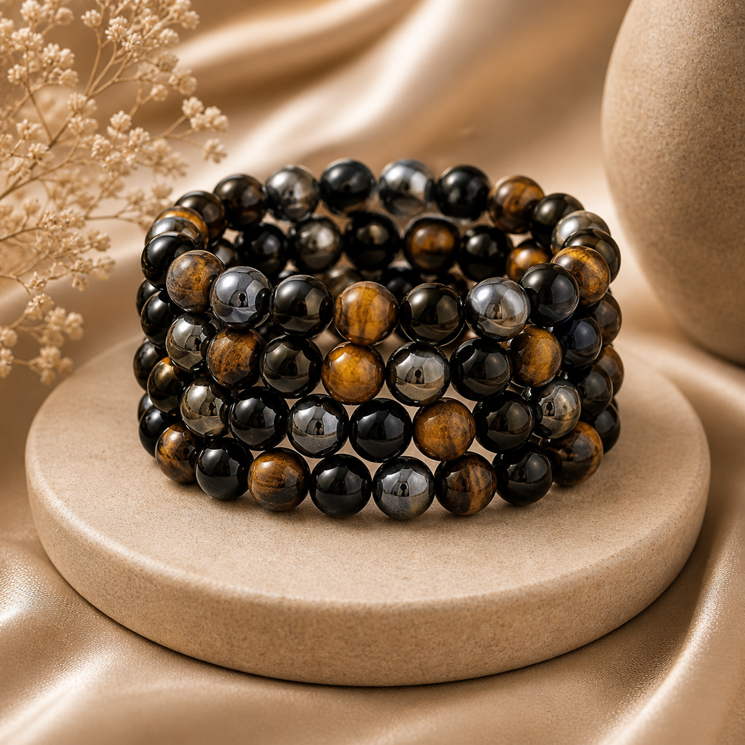 Tiger Eye, Hematite, Obsidian Bracelet