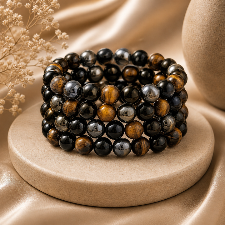 Tiger Eye, Hematite, Obsidian Bracelet
