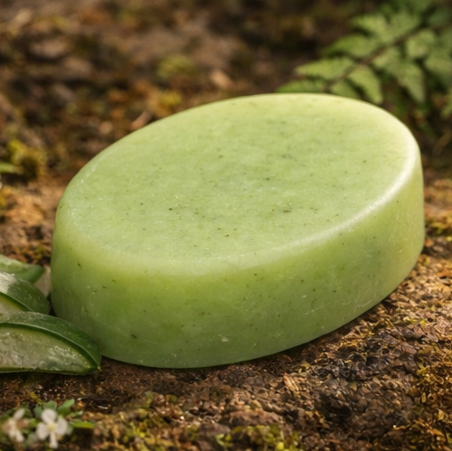 Green bar of soap on a natural background with leaves and flowers